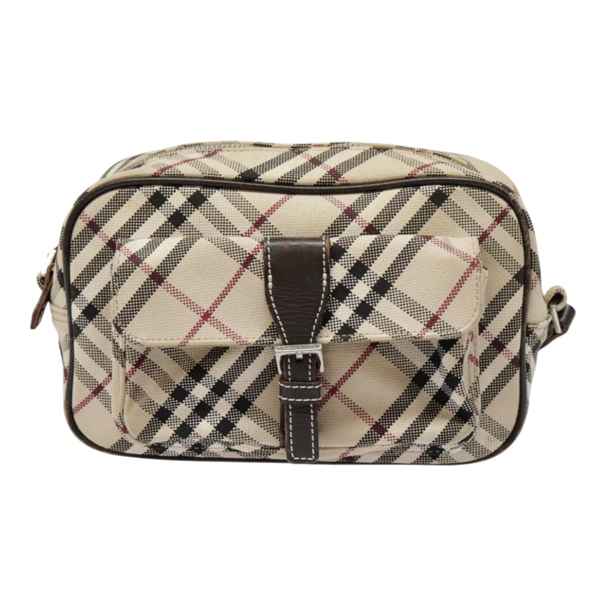 BURBERRY Nova Check Blue Label Shoulder Bag Canvas Beige Silver Auth fm3820