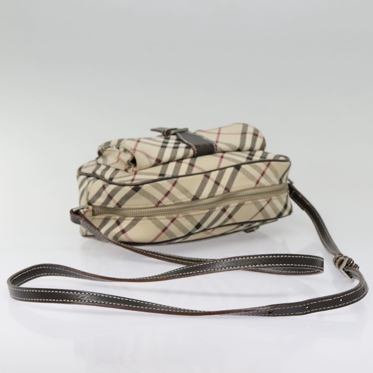 BURBERRY Nova Check Blue Label Shoulder Bag Canvas Beige Silver Auth fm3820