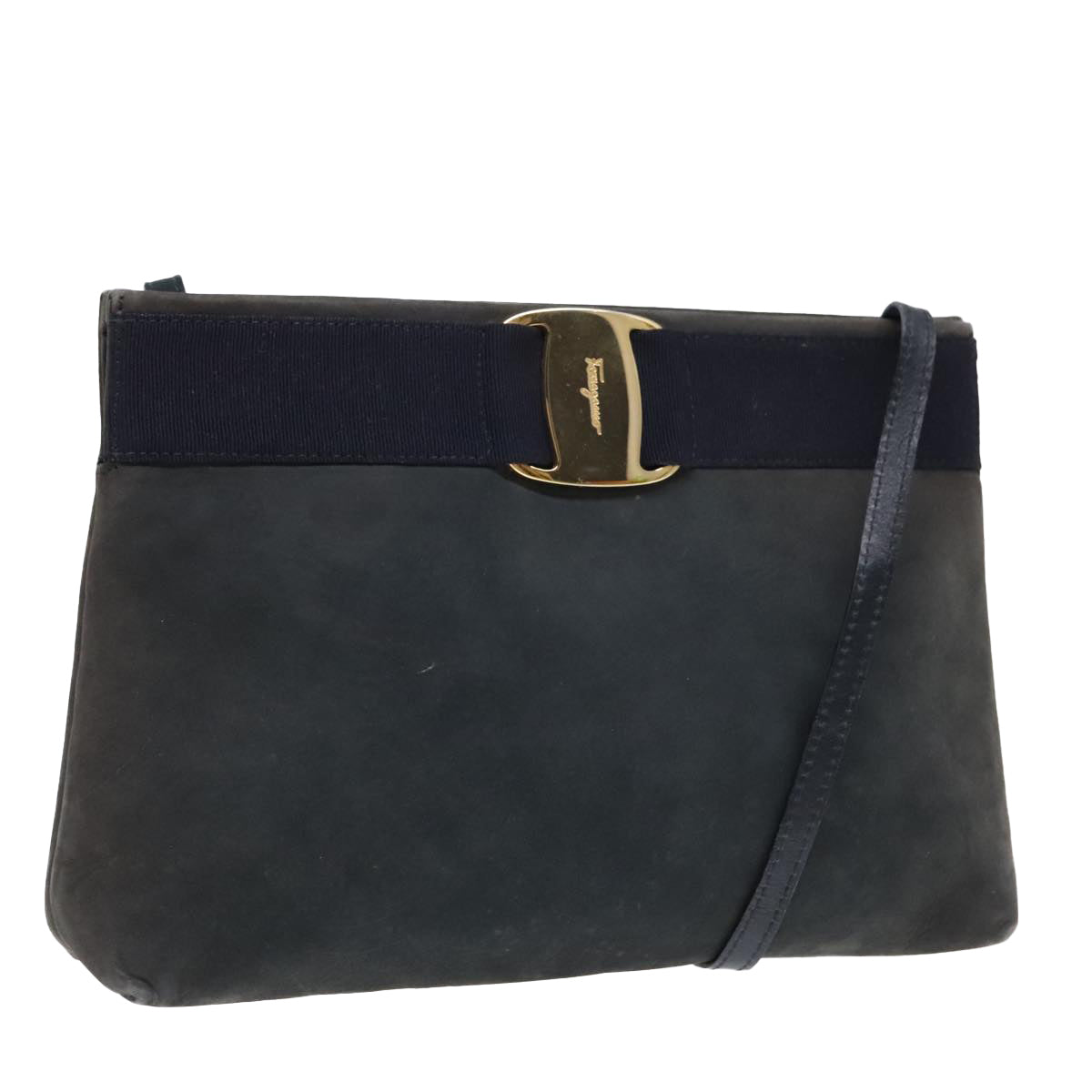 Salvatore Ferragamo Vala Shoulder Bag Suede Navy Gold Auth fm3826