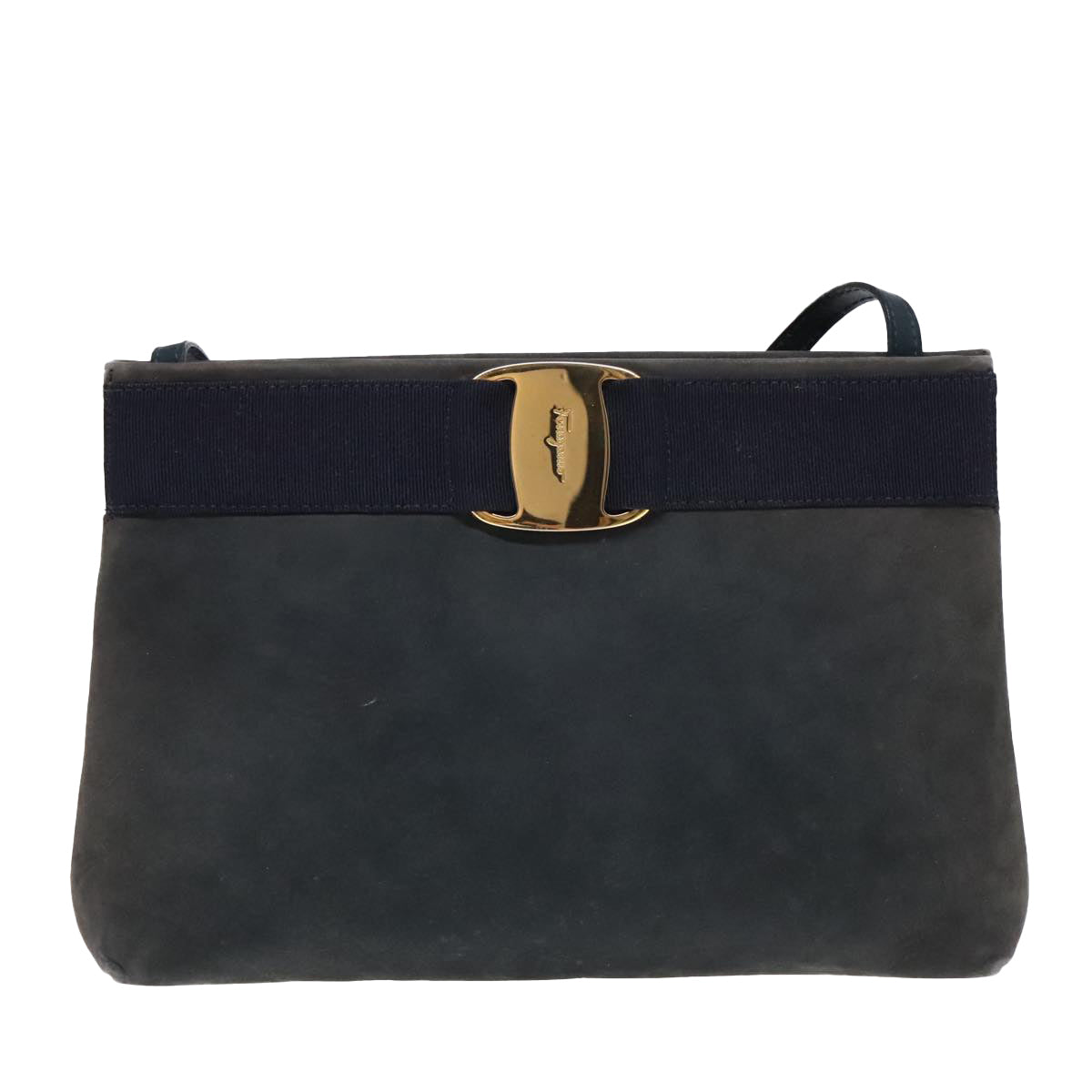 Salvatore Ferragamo Vala Shoulder Bag Suede Navy Gold Auth fm3826