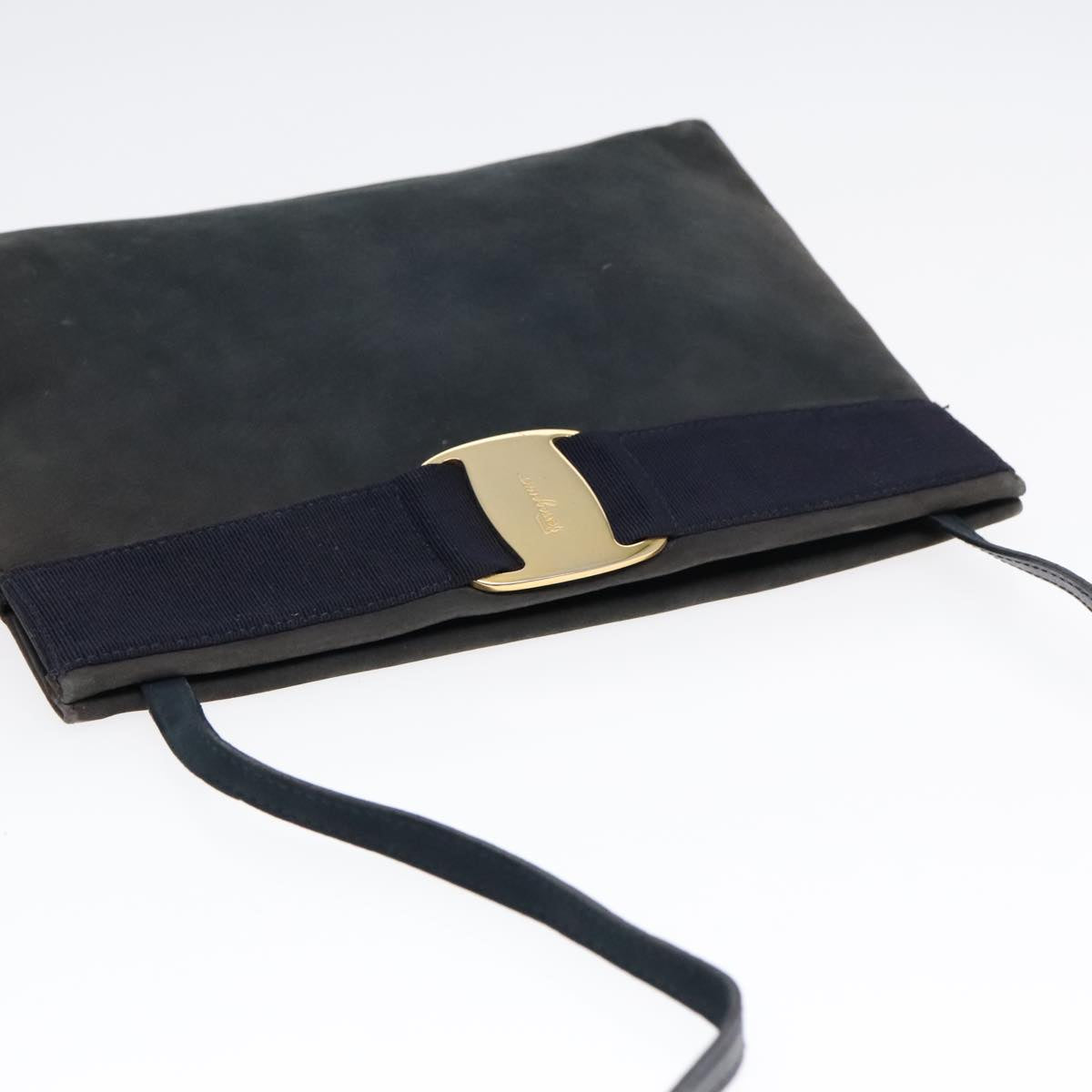 Salvatore Ferragamo Vala Shoulder Bag Suede Navy Gold Auth fm3826