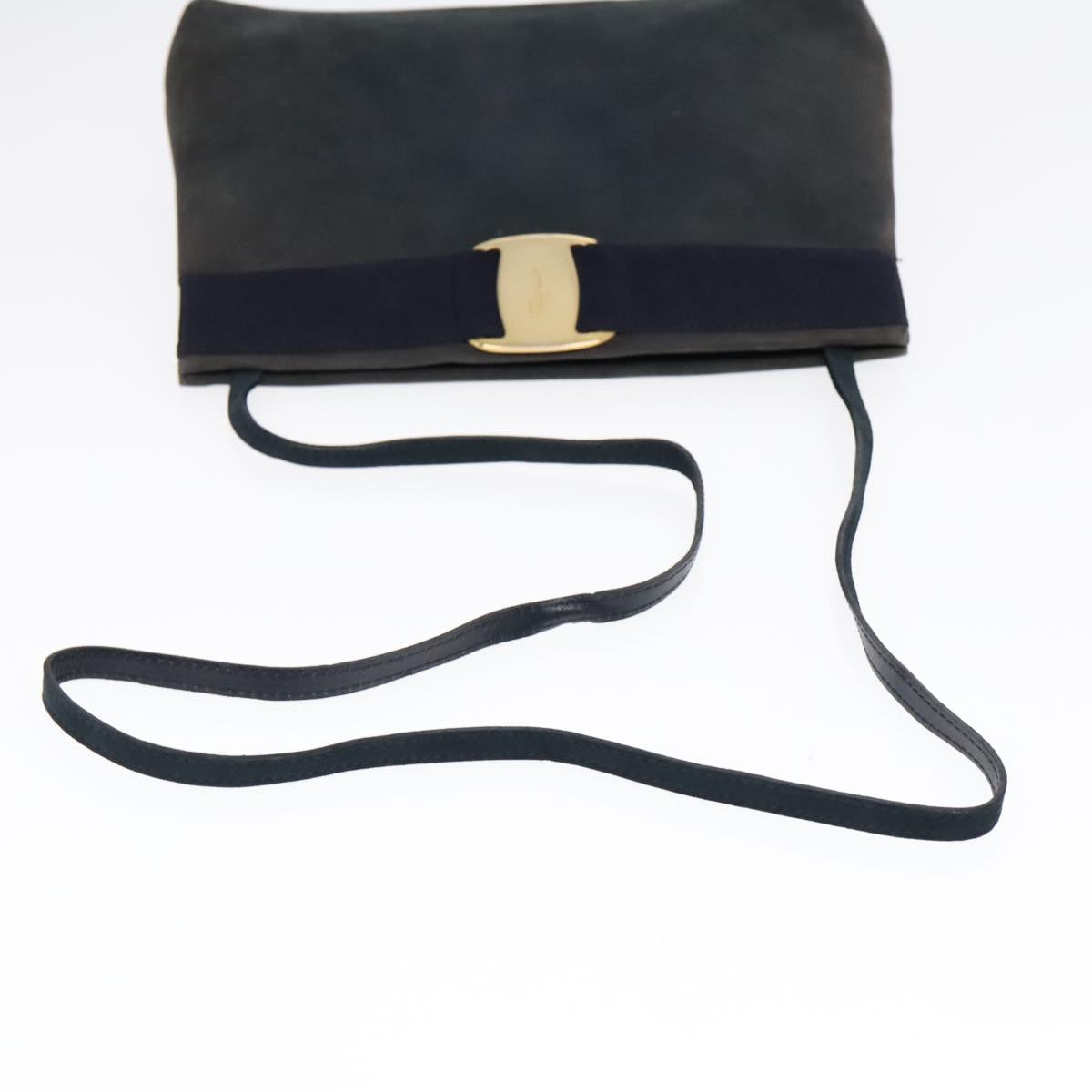 Salvatore Ferragamo Vala Shoulder Bag Suede Navy Gold Auth fm3826