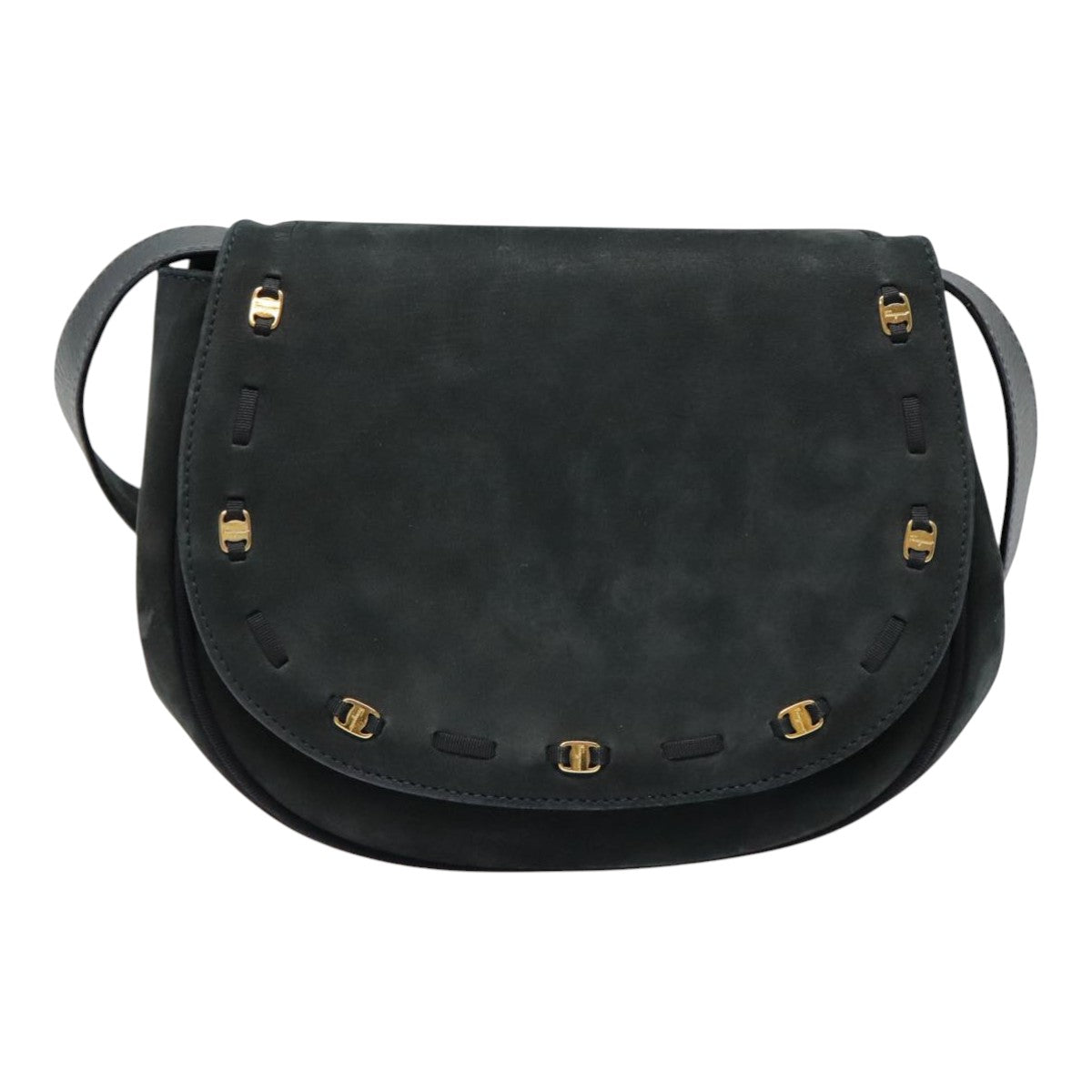 Salvatore Ferragamo Vala Shoulder Bag Suede Black Gold Auth fm3827 - 0