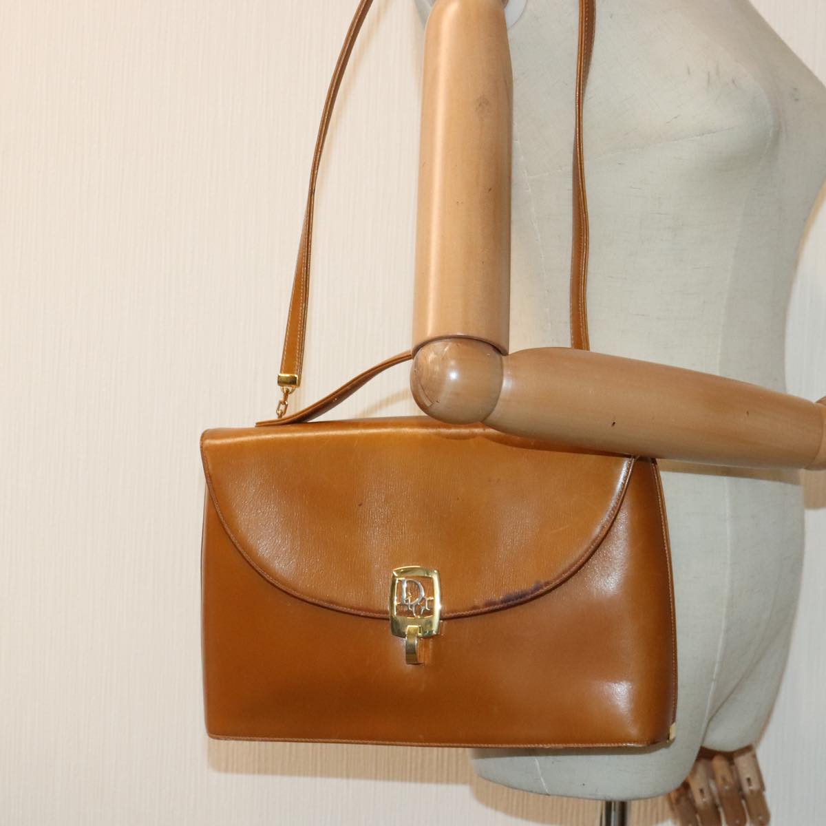 Christian Dior Shoulder Bag Leather 2way Brown Gold Auth fm3836