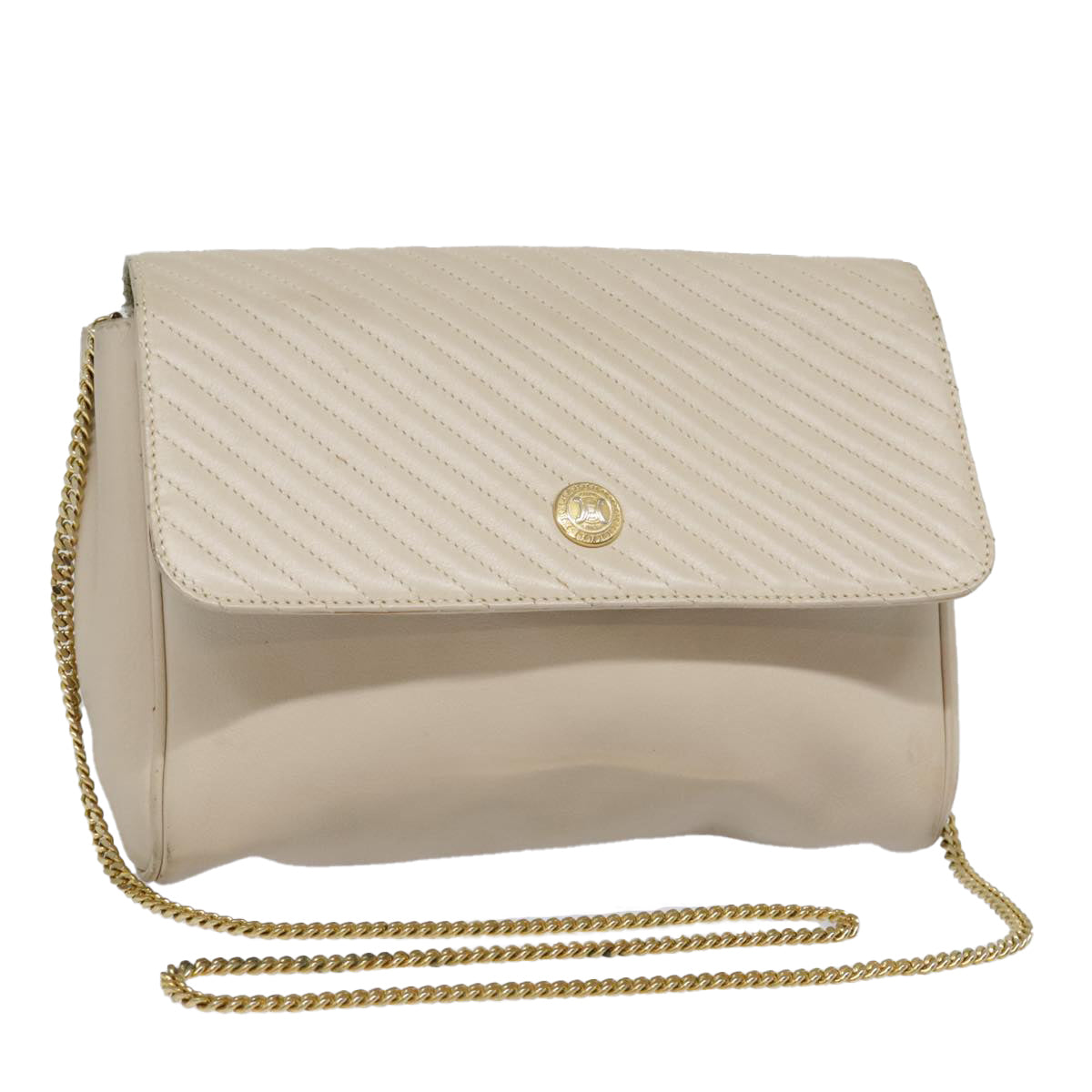 CELINE Chain Shoulder Bag Leather Beige Gold Auth fm3837