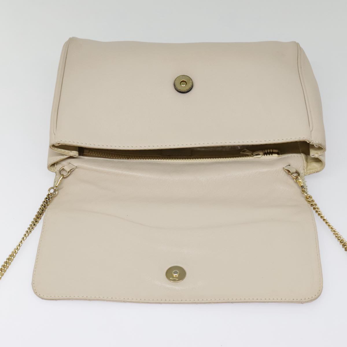 CELINE Chain Shoulder Bag Leather Beige Gold Auth fm3837