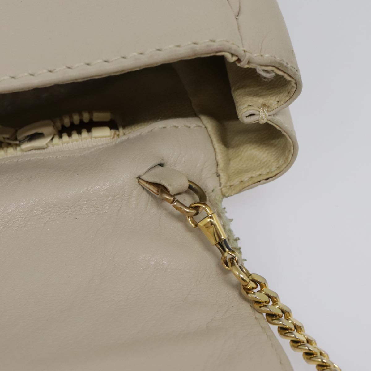 CELINE Chain Shoulder Bag Leather Beige Gold Auth fm3837