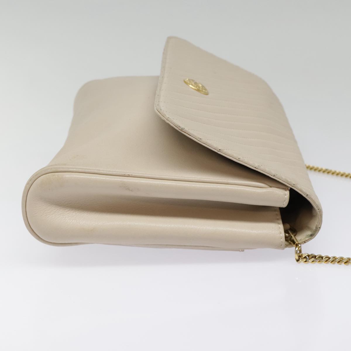 CELINE Chain Shoulder Bag Leather Beige Gold Auth fm3837