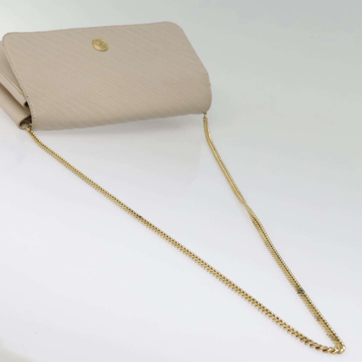 CELINE Chain Shoulder Bag Leather Beige Gold Auth fm3837