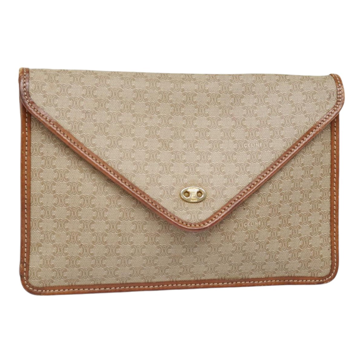 CELINE Macadam Canvas Clutch Bag Beige Gold Auth fm3862