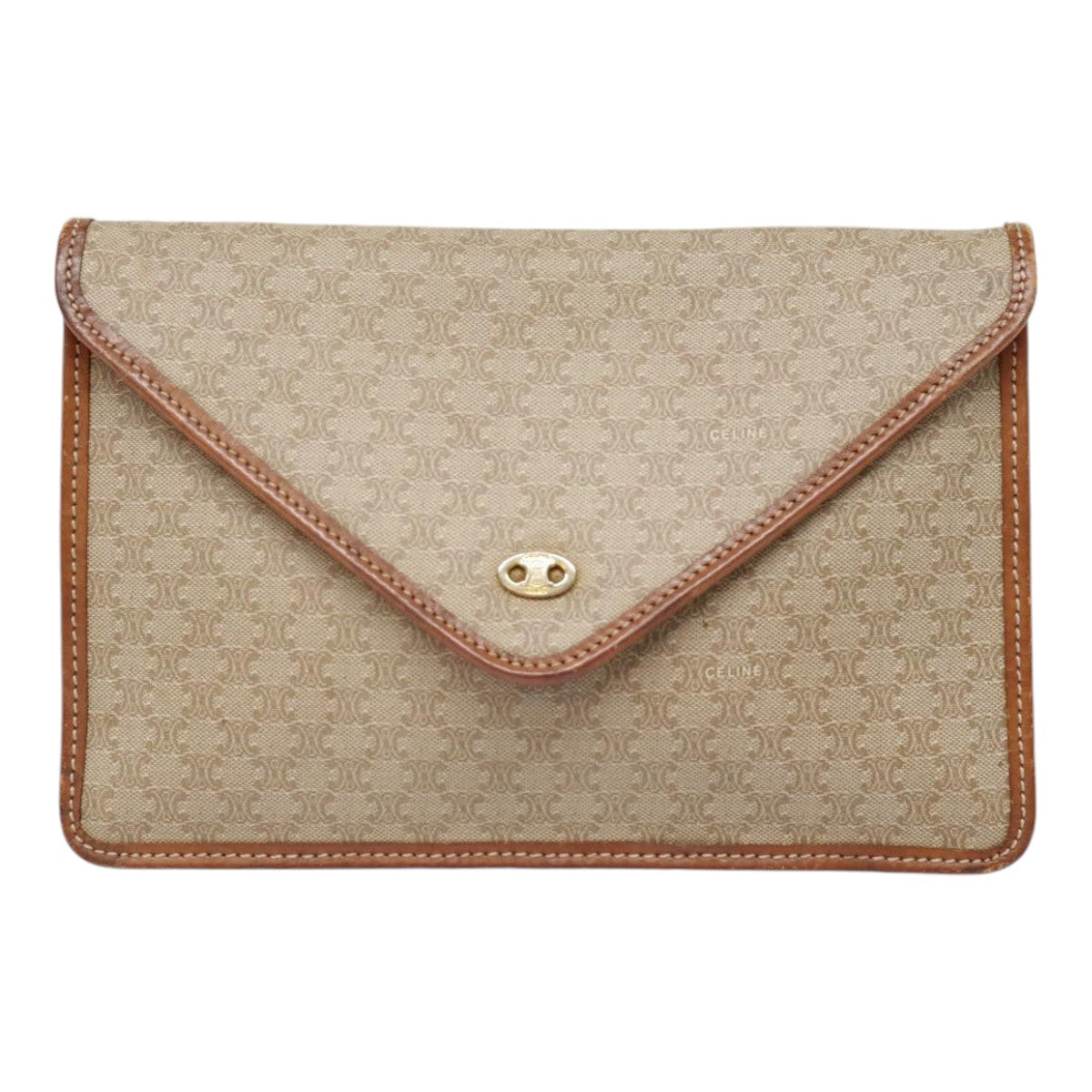 CELINE Macadam Canvas Clutch Bag Beige Gold Auth fm3862