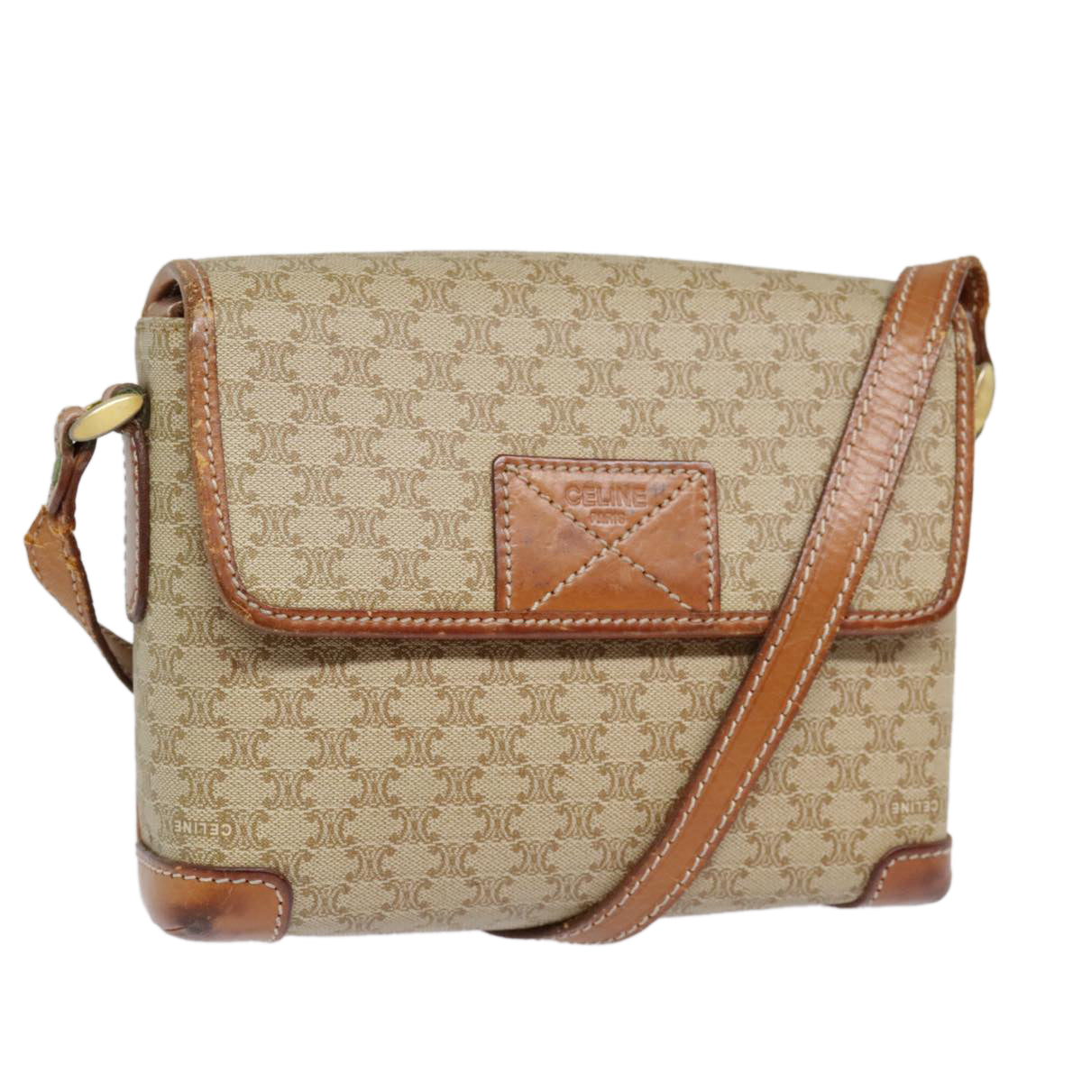 CELINE Macadam Canvas Shoulder Bag Beige Gold Auth fm3863