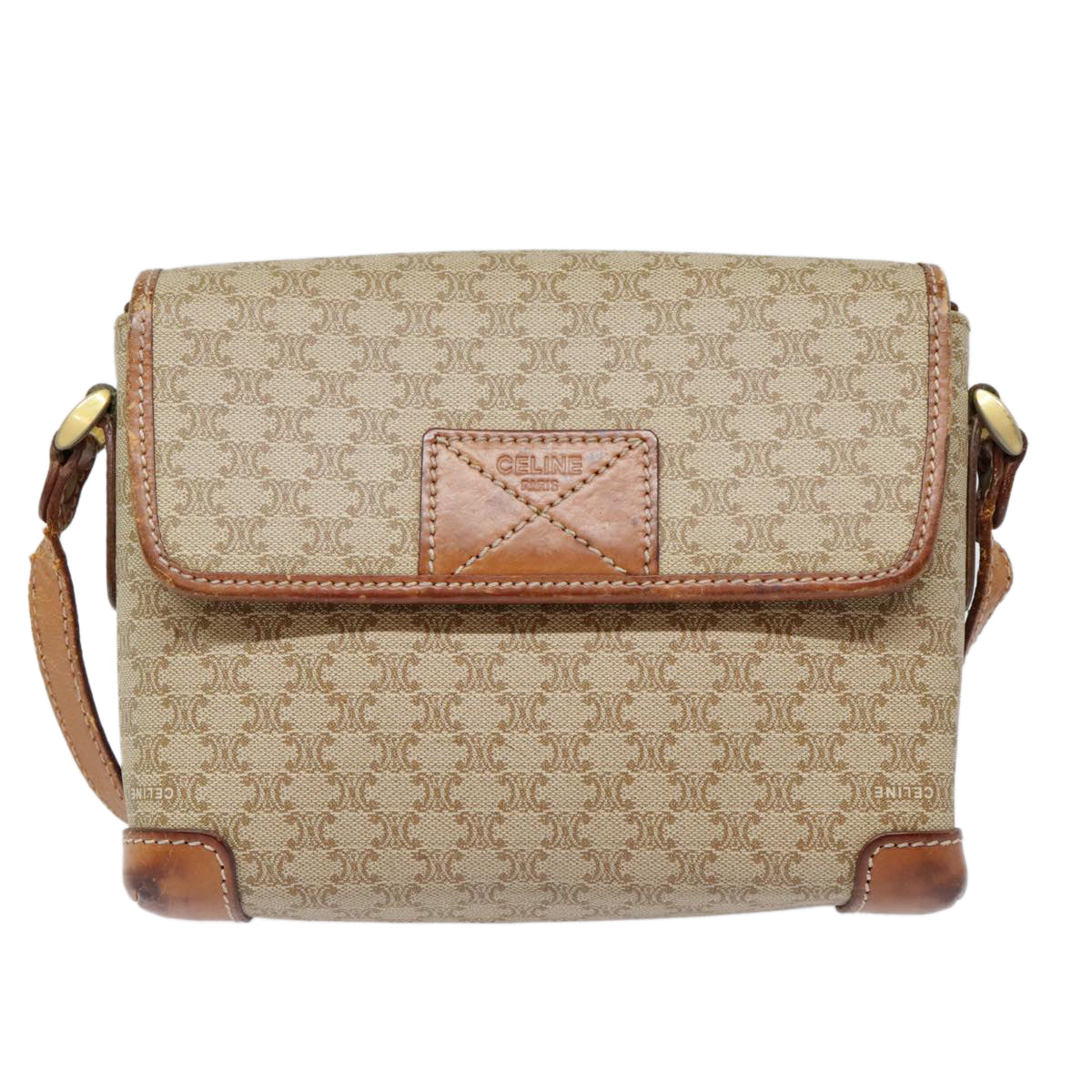 CELINE Macadam Canvas Shoulder Bag Beige Gold Auth fm3863 - 0