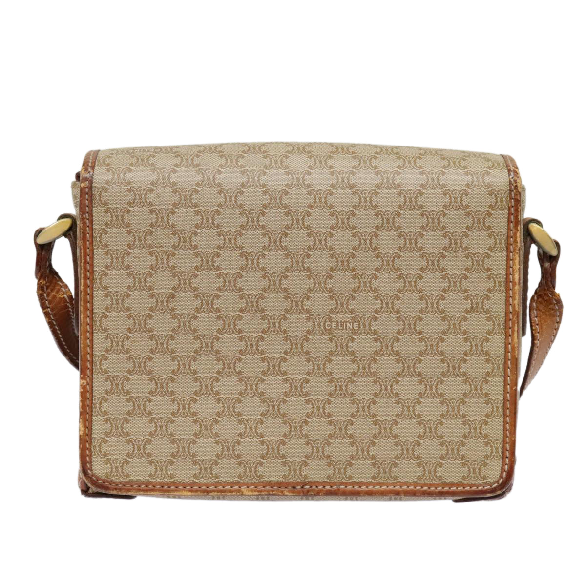 CELINE Macadam Canvas Shoulder Bag Beige Gold Auth fm3863