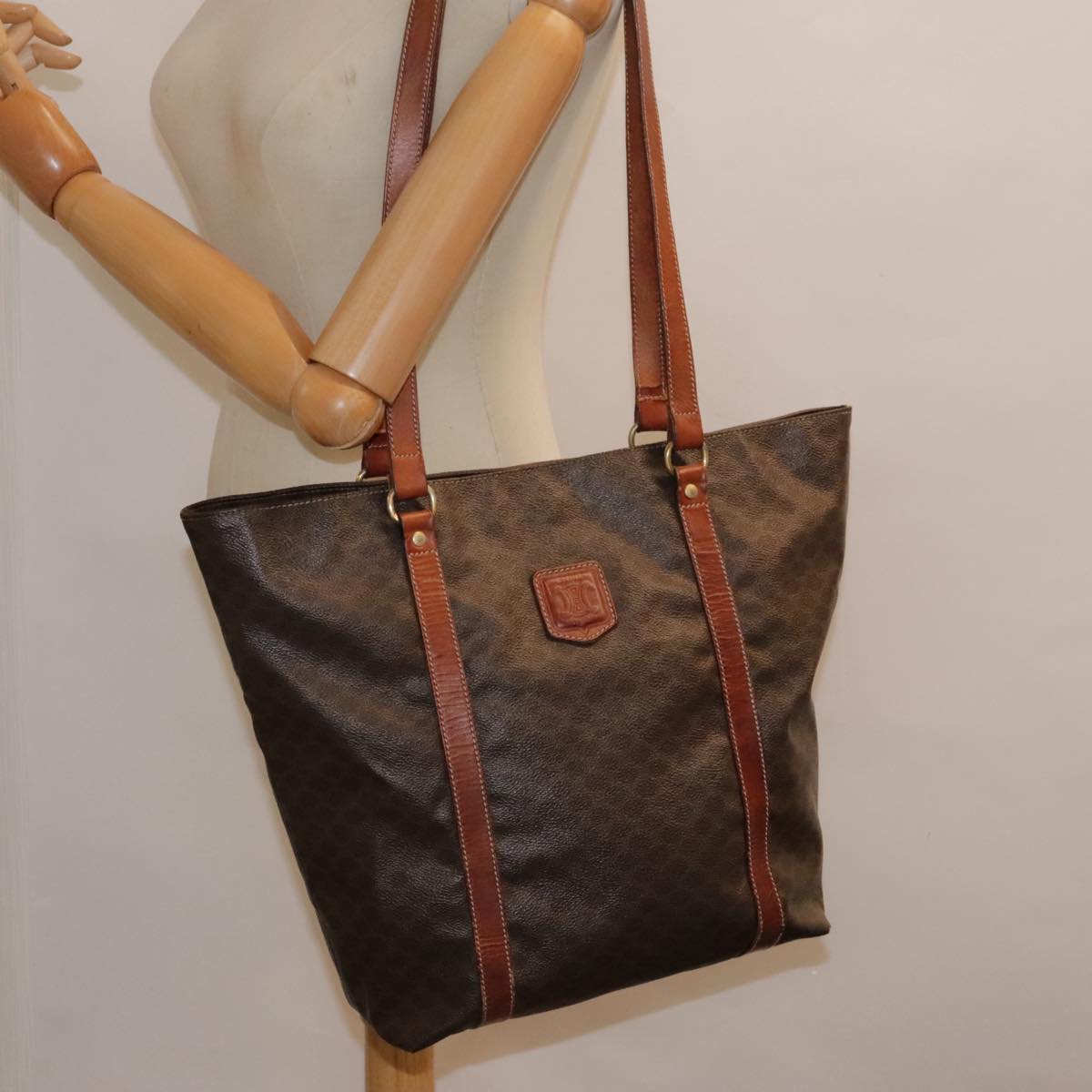 CELINE Macadam Canvas Tote Bag PVC Leather Brown Gold Auth fm3864