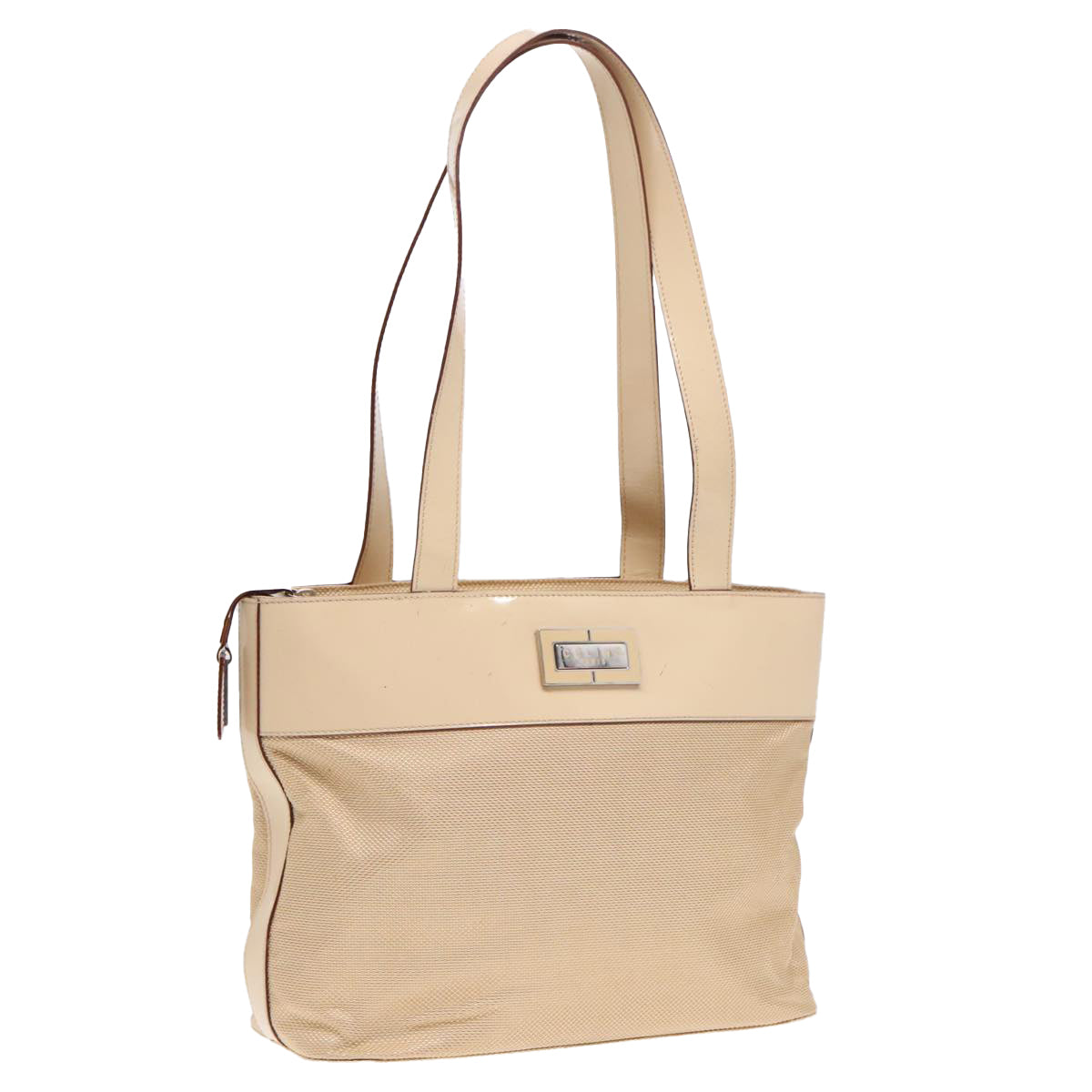 CELINE Tote Bag Canvas Leather Beige Silver Auth fm3874