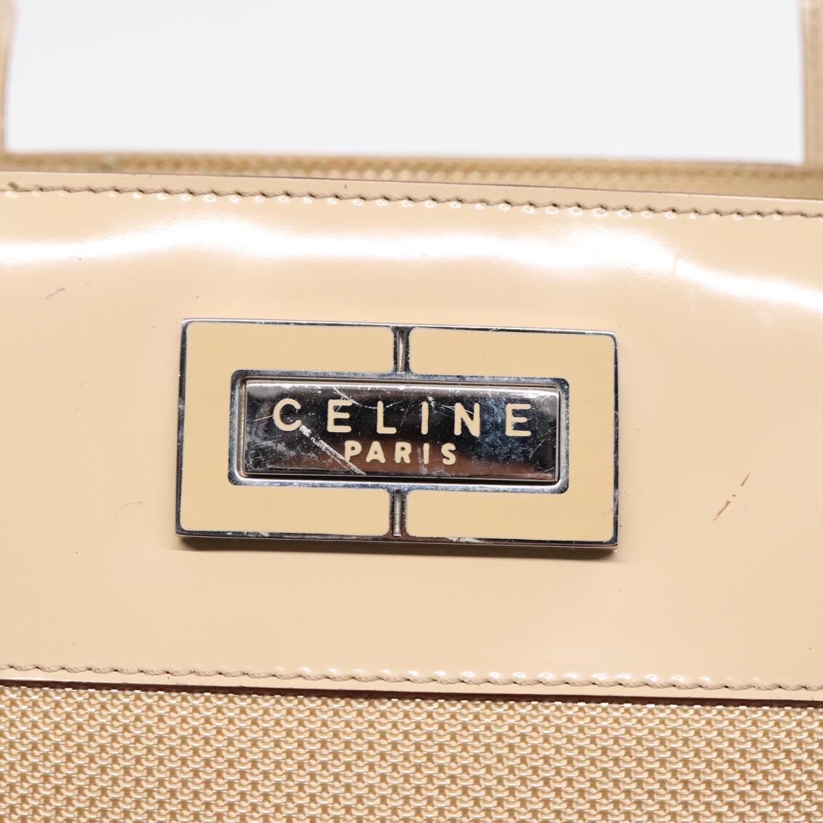 CELINE Tote Bag Canvas Leather Beige Silver Auth fm3874