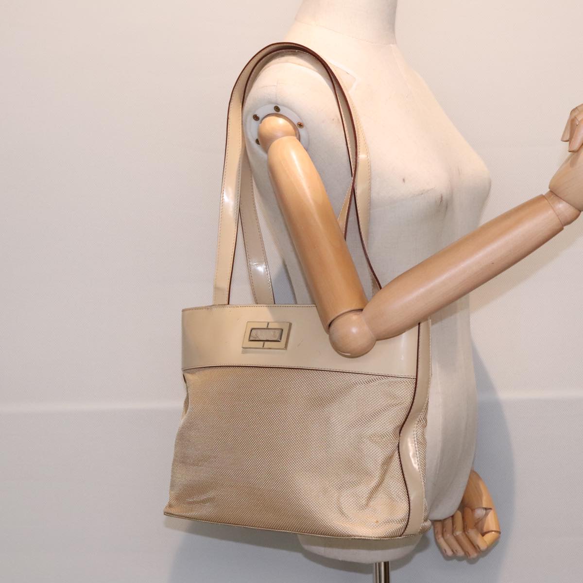 CELINE Tote Bag Canvas Leather Beige Silver Auth fm3874