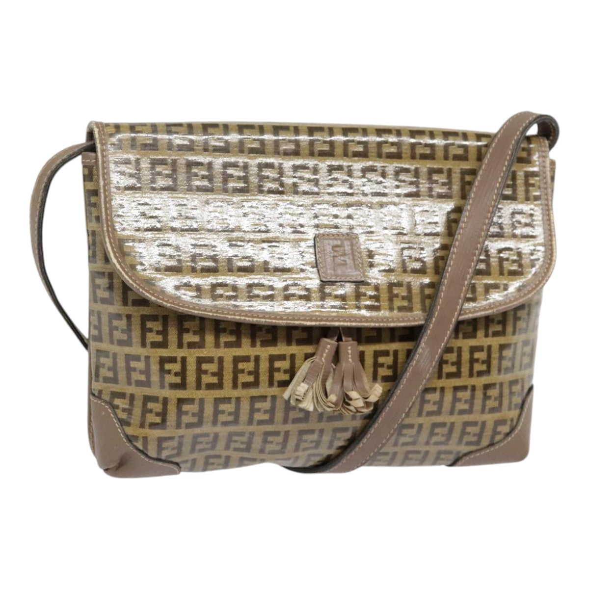 FENDI Zucchino Canvas Shoulder Bag Vintage Beige Auth fm3888