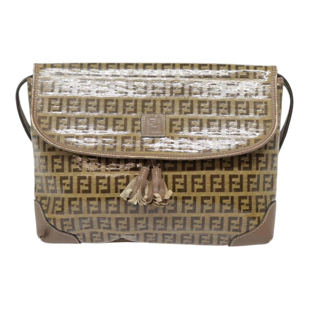 FENDI Zucchino Canvas Shoulder Bag Vintage Beige Auth fm3888