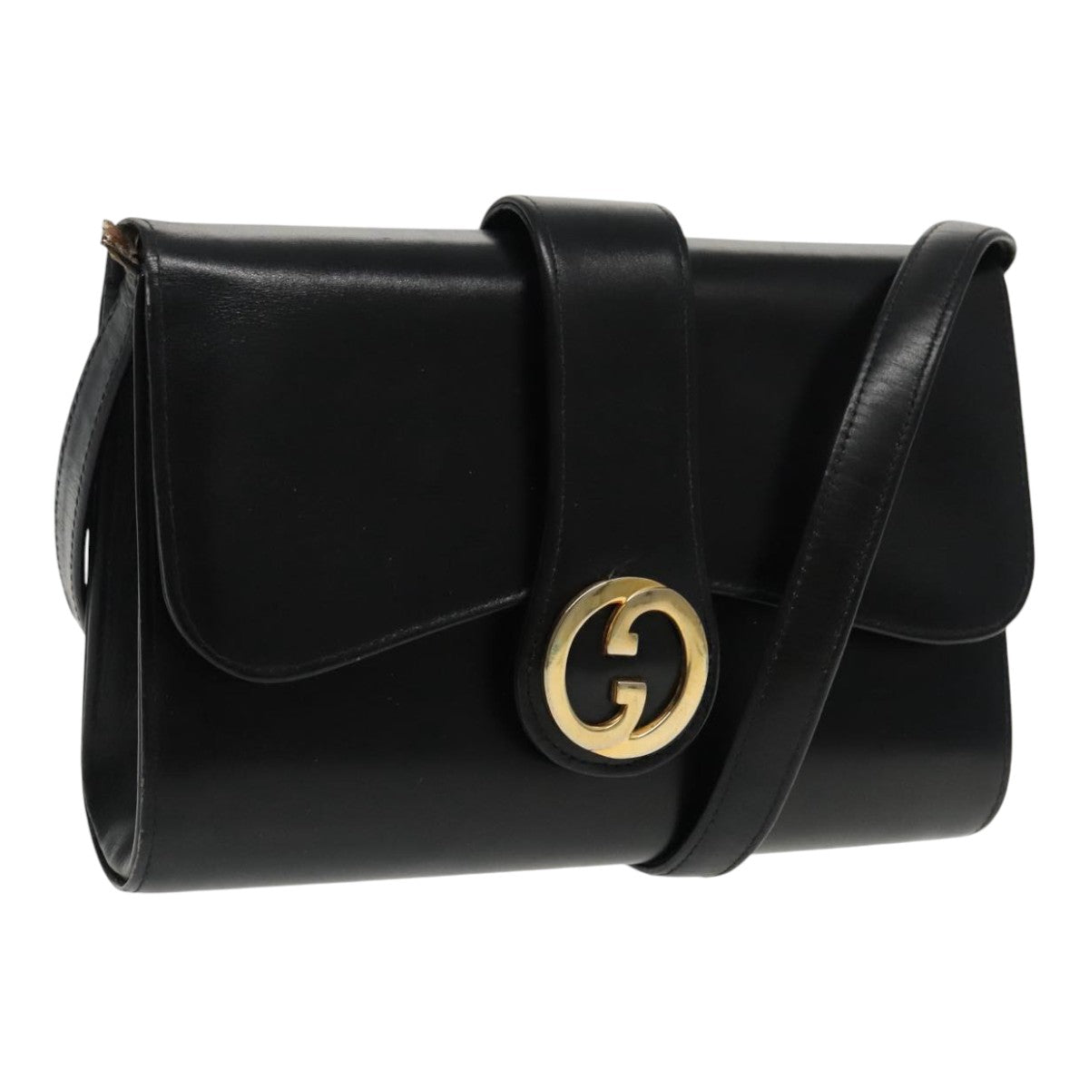 GUCCI Shoulder Bag Leather Black Gold Auth fm3929