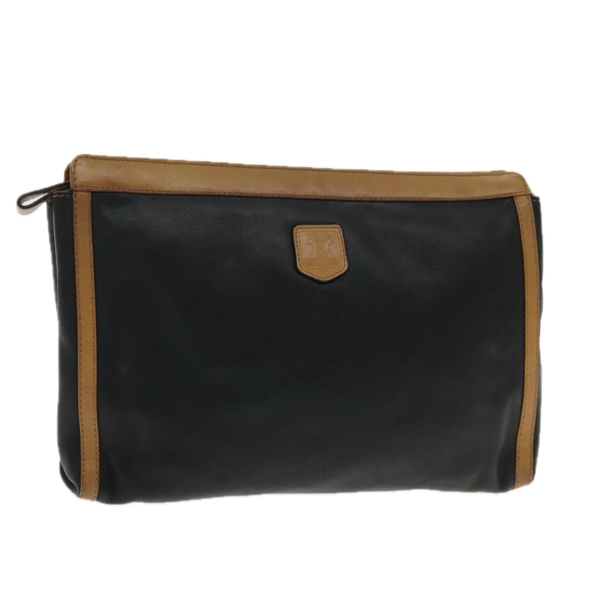 CELINE Clutch Bag Leather Black Brown Gold Auth fm3932