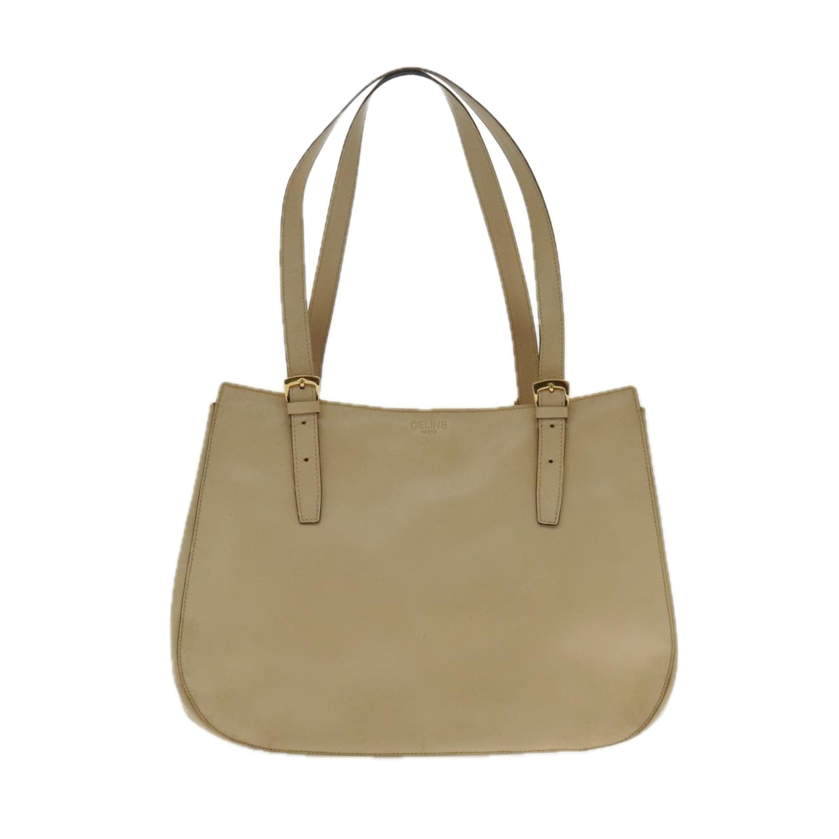 CELINE Tote Bag Leather Beige Gold Auth fm3933