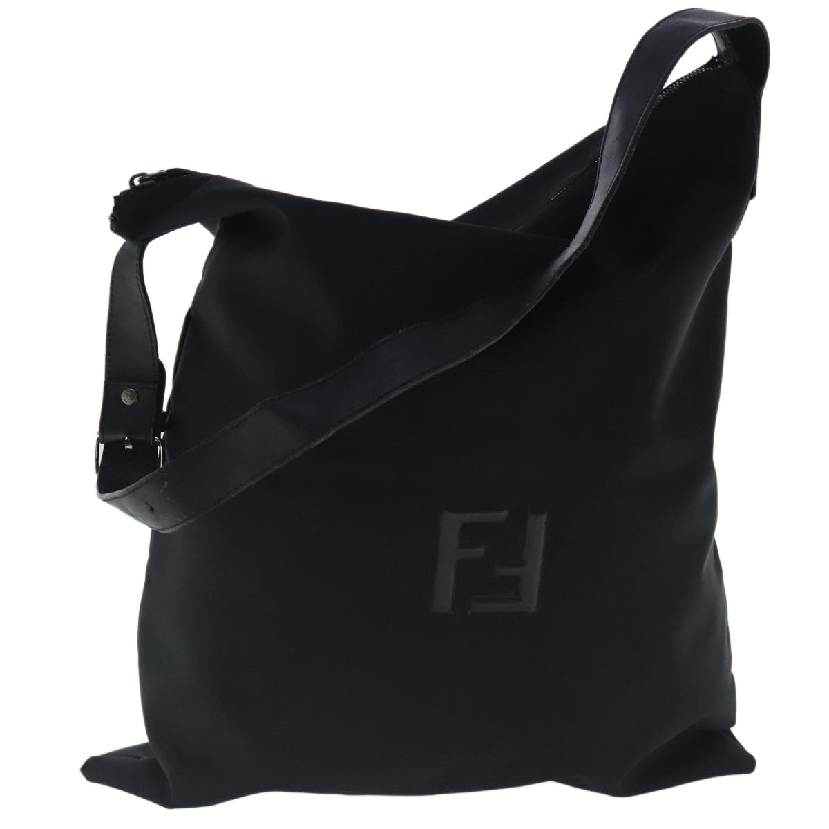 FENDI Shoulder Bag Nylon Leather Black Silver Auth fm3934