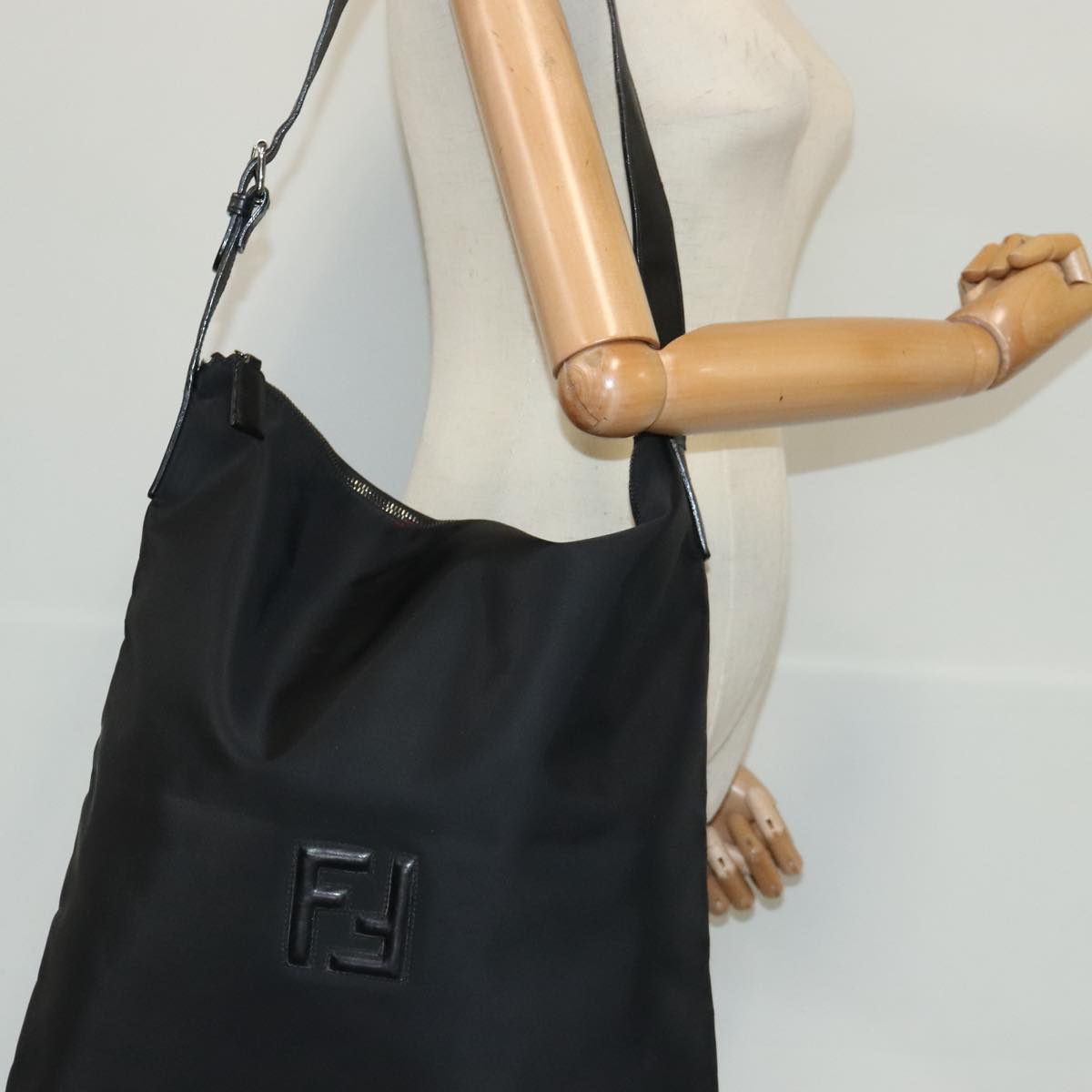 FENDI Shoulder Bag Nylon Leather Black Silver Auth fm3934