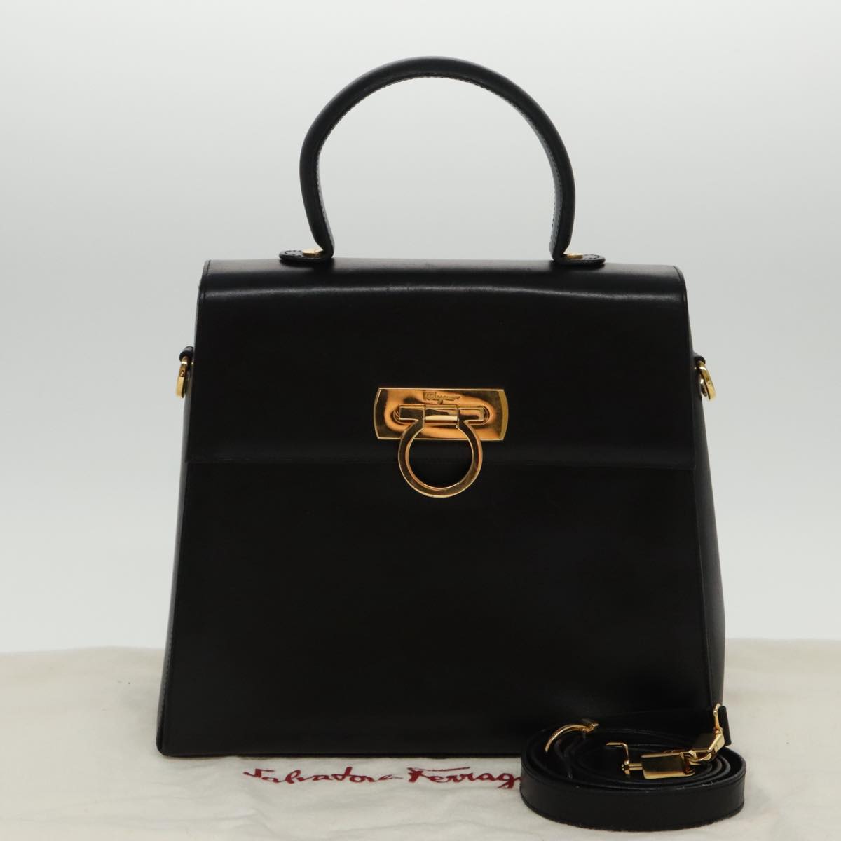 Salvatore Ferragamo Shoulder Bag Leather 2way Black Gold Auth fm3947