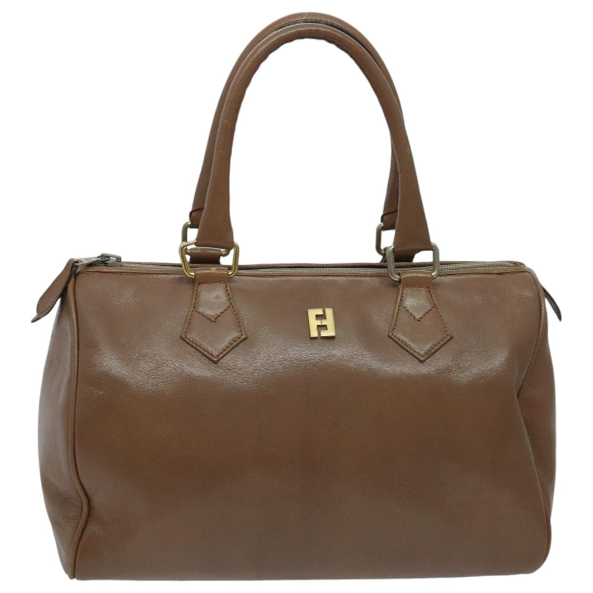 FENDI Hand Bag Leather Brown Gold Auth fm3951