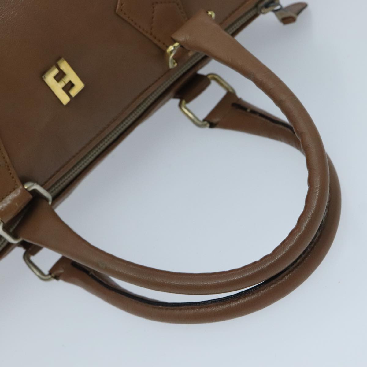 FENDI Hand Bag Leather Brown Gold Auth fm3951