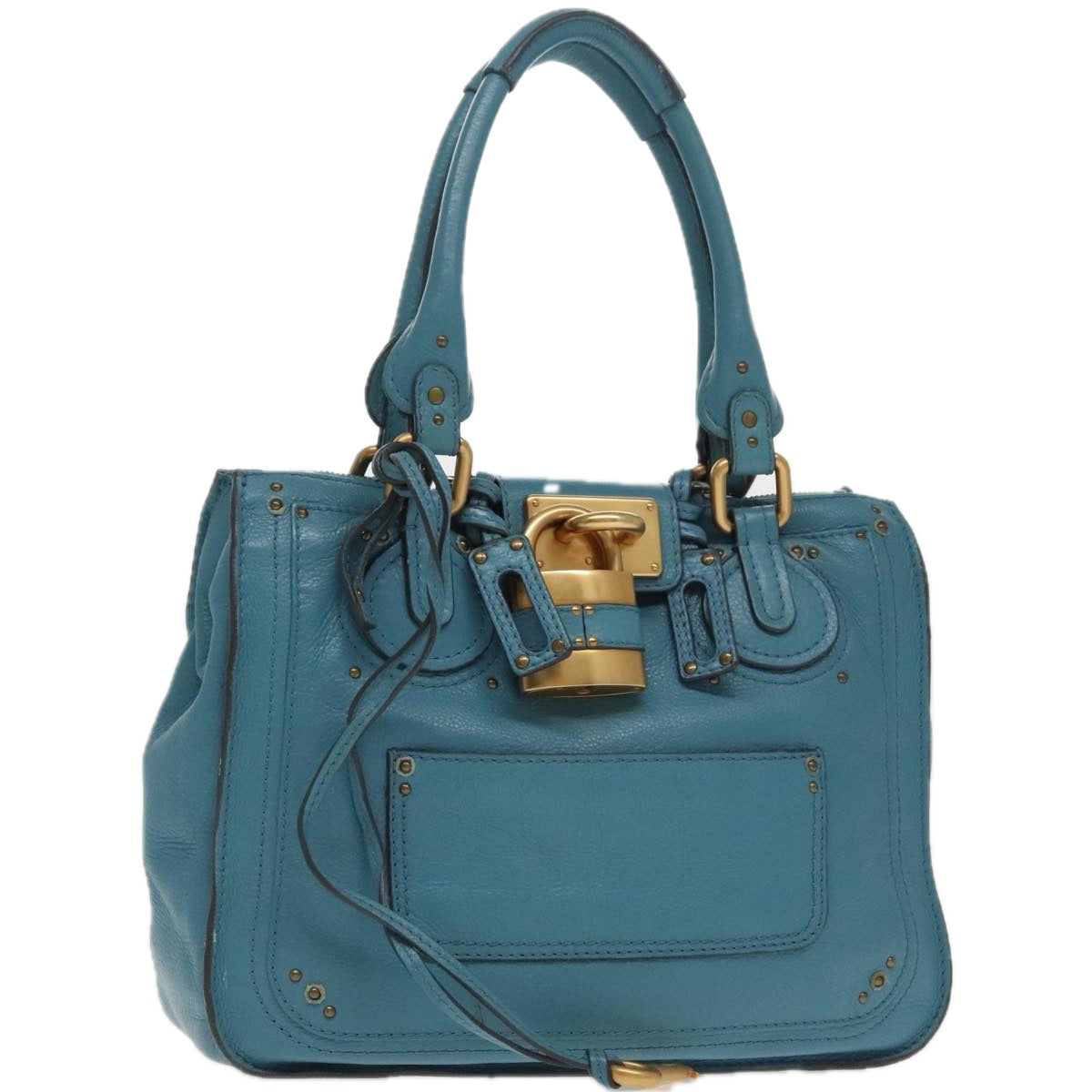 Chloe Paddington Tote Bag Leather Turquoise Blue Gold Silver Auth fm3953