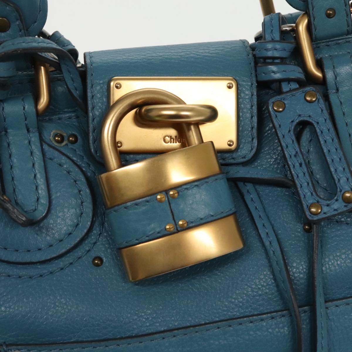 Chloe Paddington Tote Bag Leather Turquoise Blue Gold Silver Auth fm3953