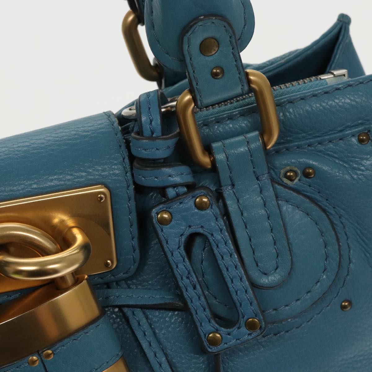 Chloe Paddington Tote Bag Leather Turquoise Blue Gold Silver Auth fm3953