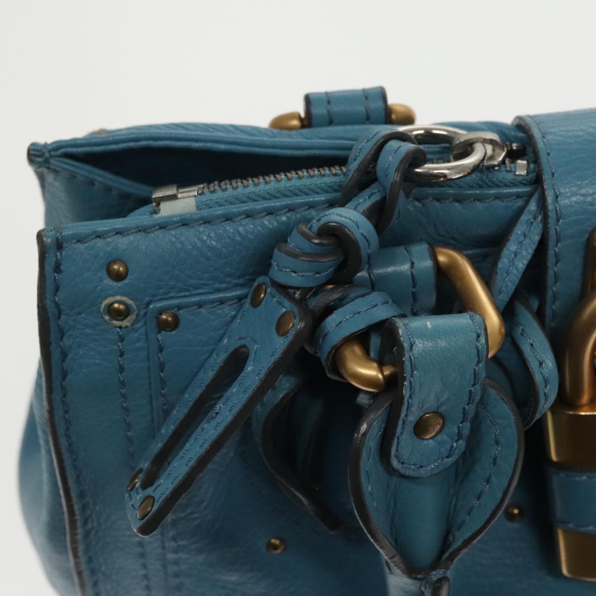 Chloe Paddington Tote Bag Leather Turquoise Blue Gold Silver Auth fm3953