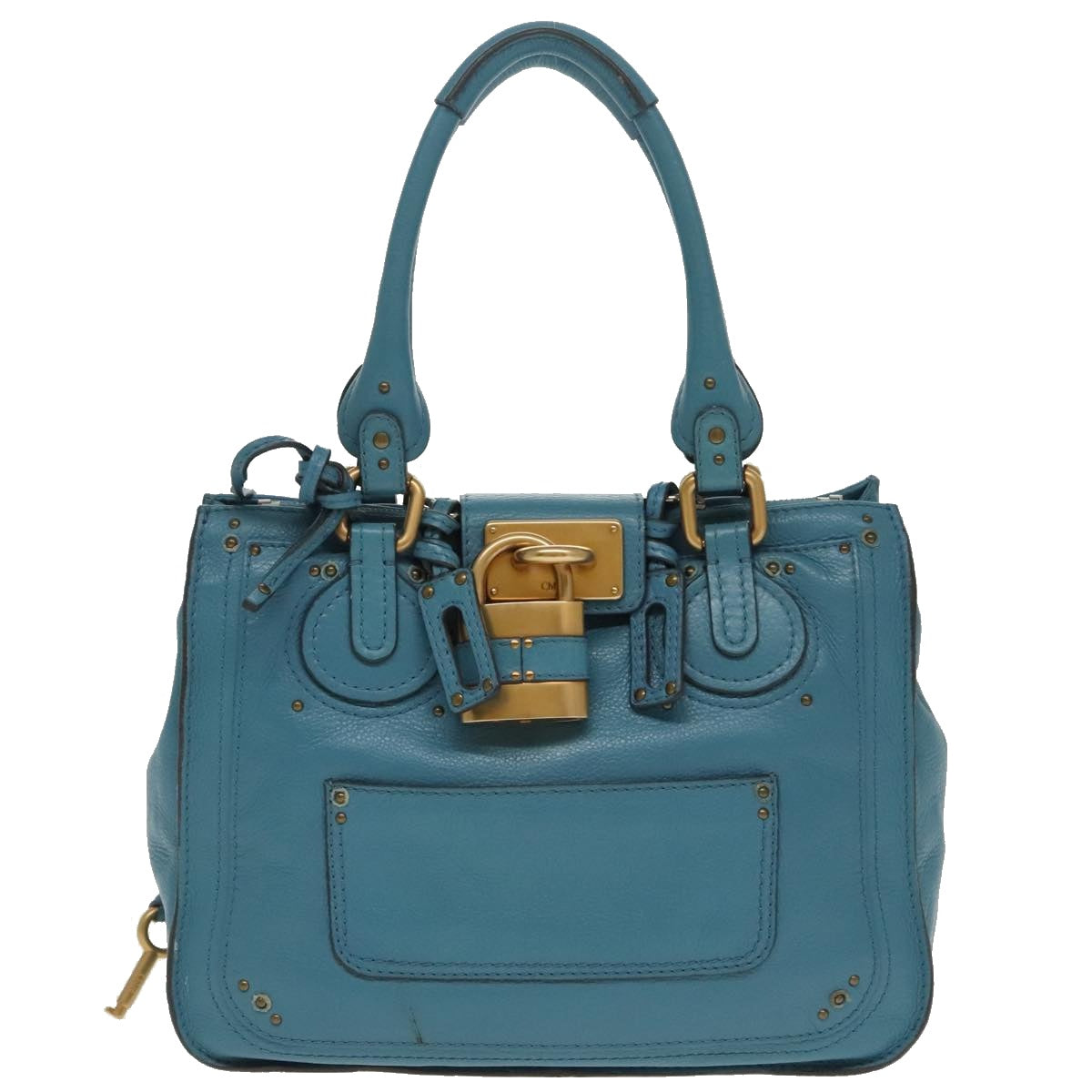 Chloe Paddington Tote Bag Leather Turquoise Blue Gold Silver Auth fm3953 - 0