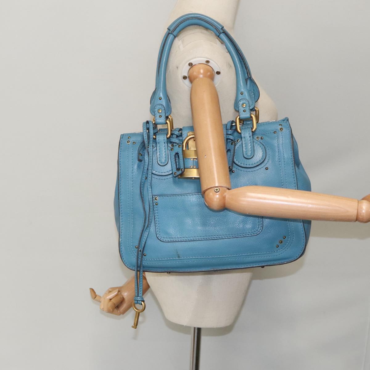 Chloe Paddington Tote Bag Leather Turquoise Blue Gold Silver Auth fm3953