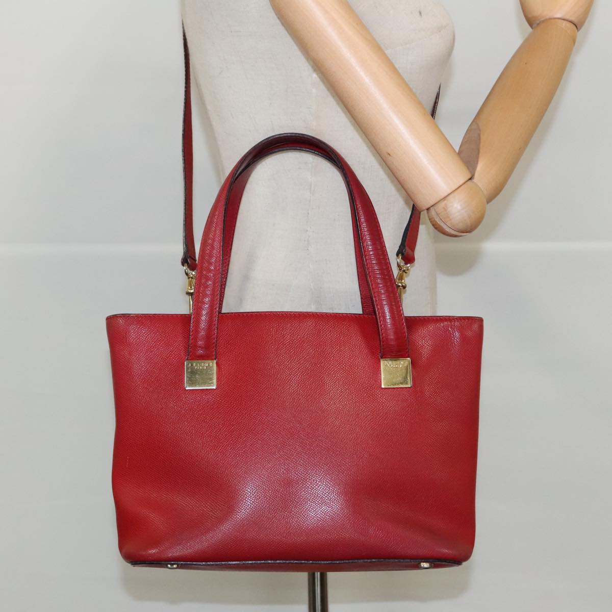 CELINE Hand Bag Leather 2way Red Gold Auth fm3963