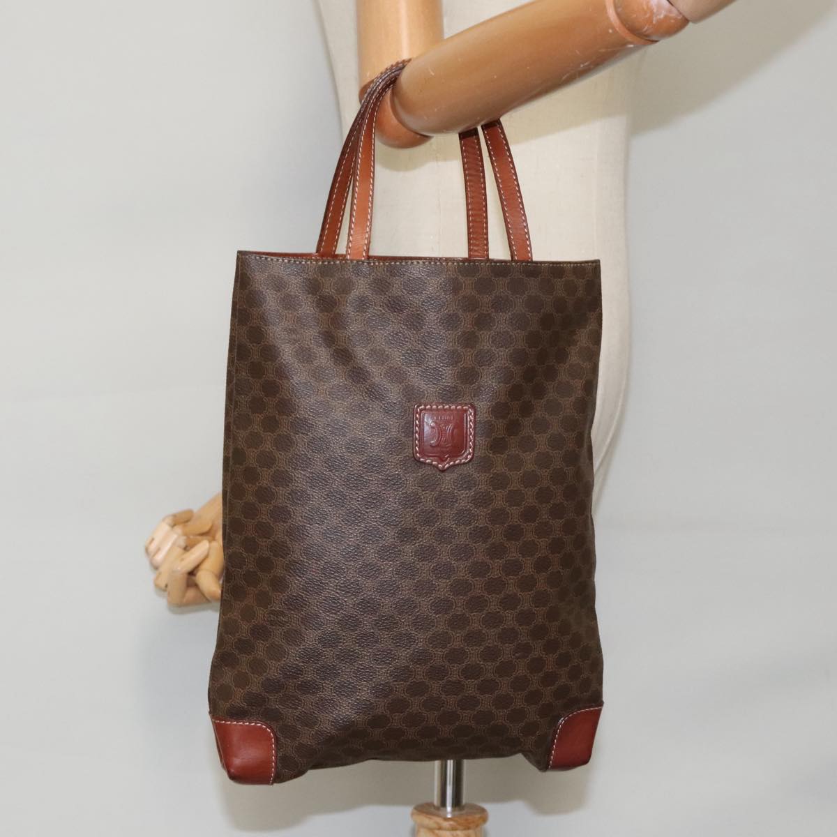 CELINE Macadam Canvas Hand Bag PVC Leather Brown Gold Auth fm3964