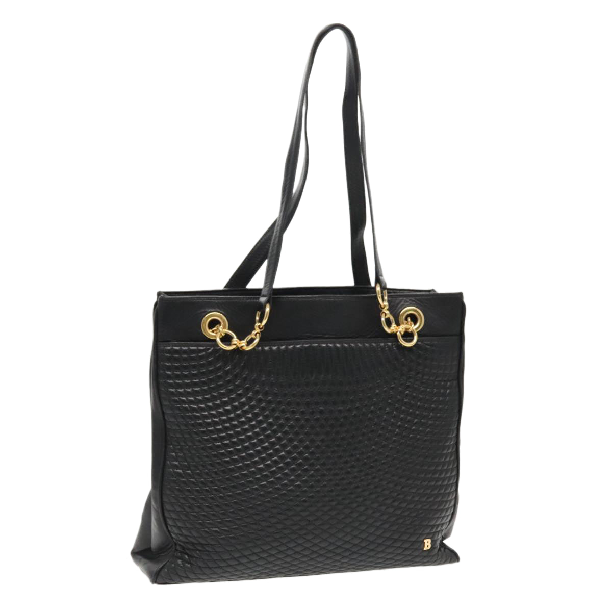 BALLY Chain Shoulder Bag Leather Black Gold Auth fm3969