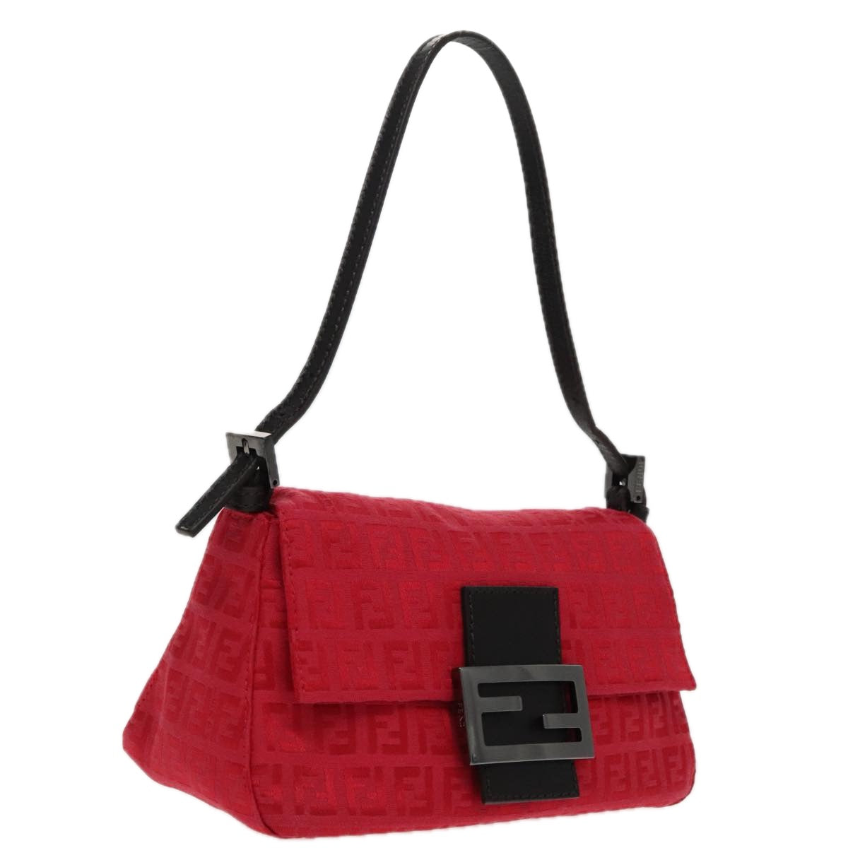 FENDI Zucchino Canvas Mini Mamma Baguette Shoulder Bag Red Silver Auth fm3971A