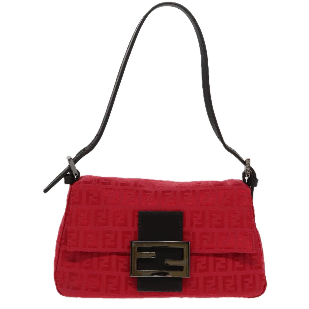 FENDI Zucchino Canvas Mini Mamma Baguette Shoulder Bag Red Silver Auth fm3971A