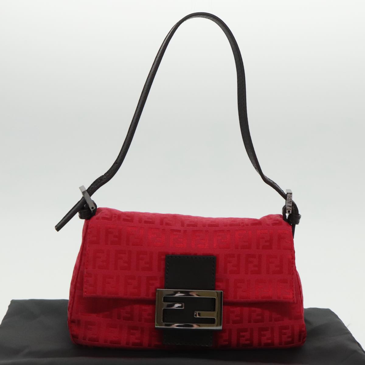 FENDI Zucchino Canvas Mini Mamma Baguette Shoulder Bag Red Silver Auth fm3971A