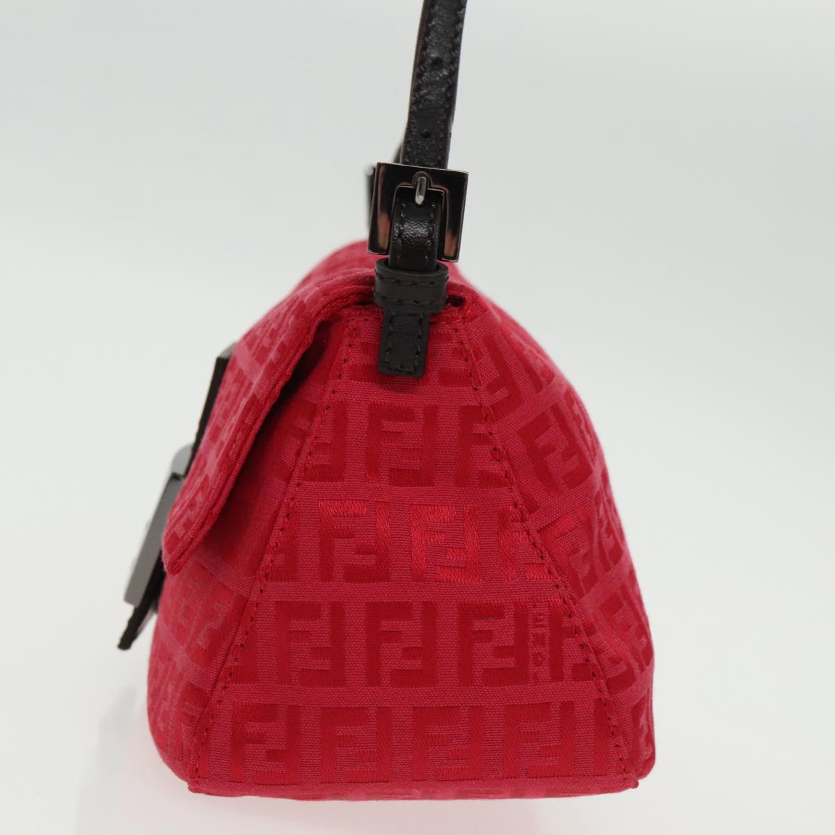 FENDI Zucchino Canvas Mini Mamma Baguette Shoulder Bag Red Silver Auth fm3971A