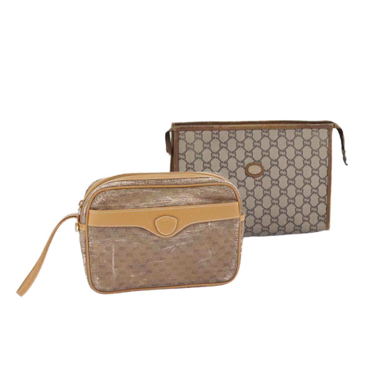 GUCCI GG Supreme Micro GG Supreme Clutch Bag PVC Leather 2Set Beige Auth fm3998