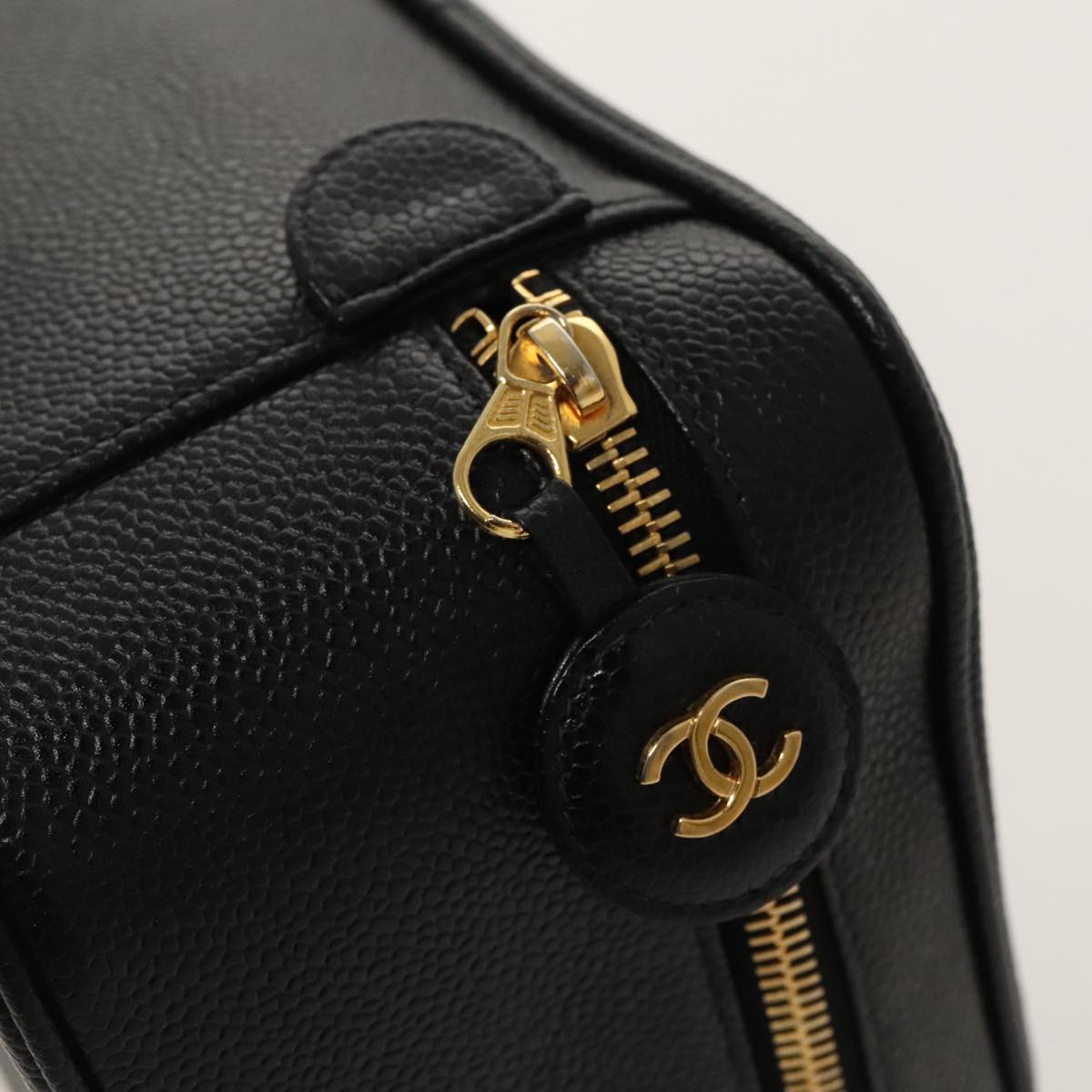 CHANEL Vanity COCO Mark Pouch Caviar Skin Black Gold CC Auth fm4039