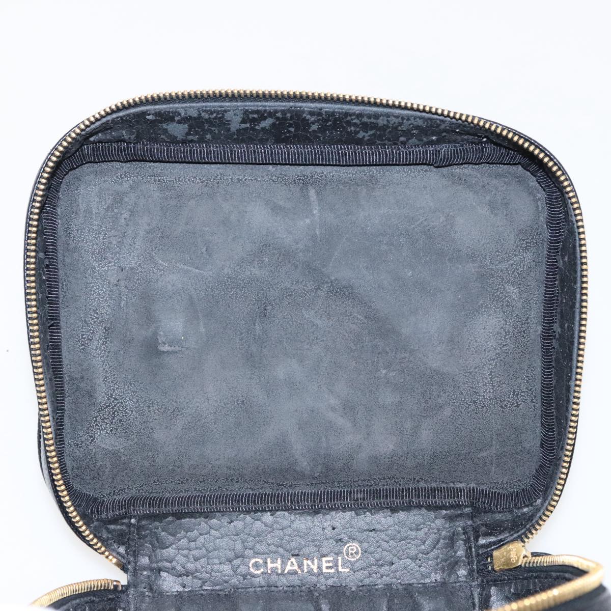 CHANEL Vanity COCO Mark Pouch Caviar Skin Black Gold CC Auth fm4039