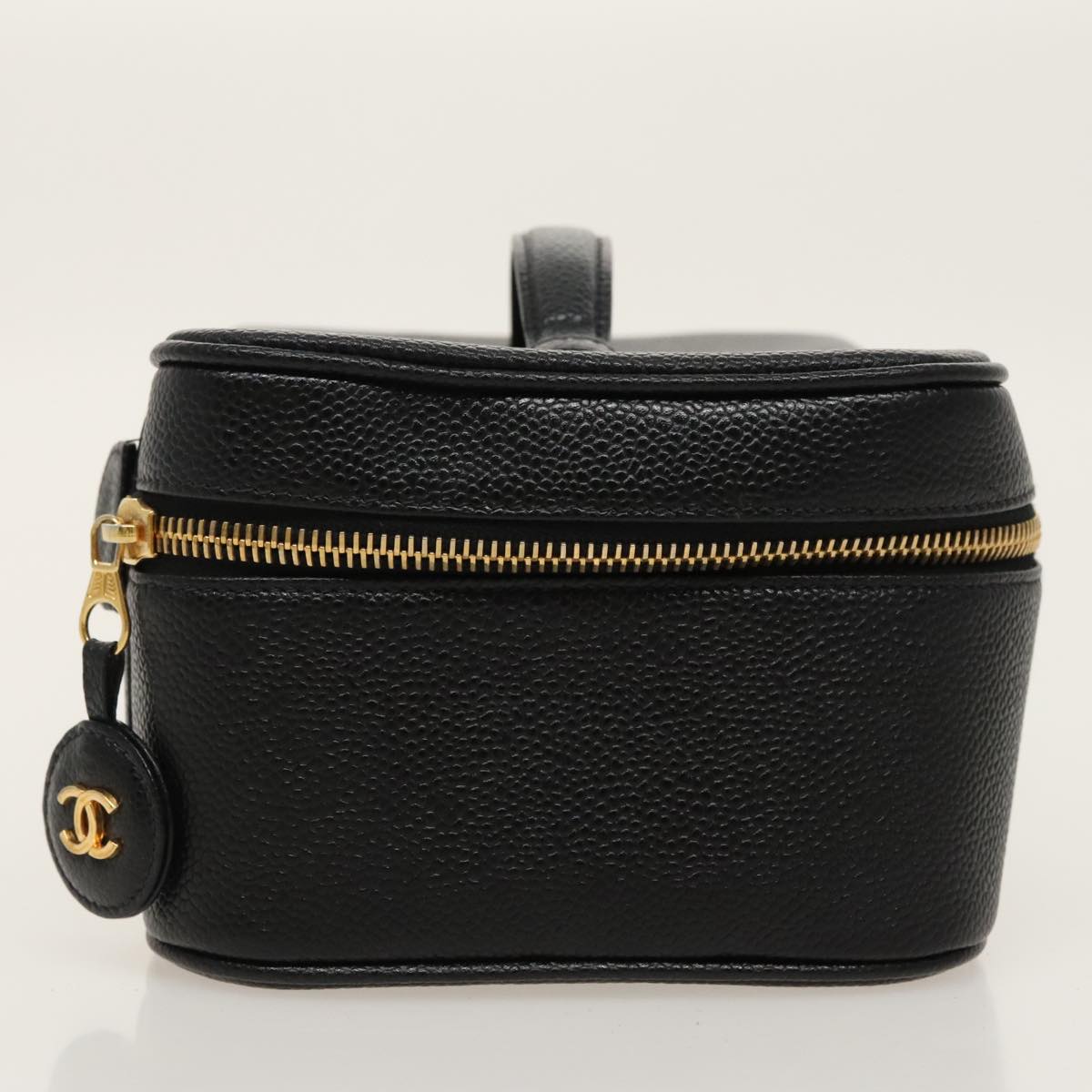 CHANEL Vanity COCO Mark Pouch Caviar Skin Black Gold CC Auth fm4039