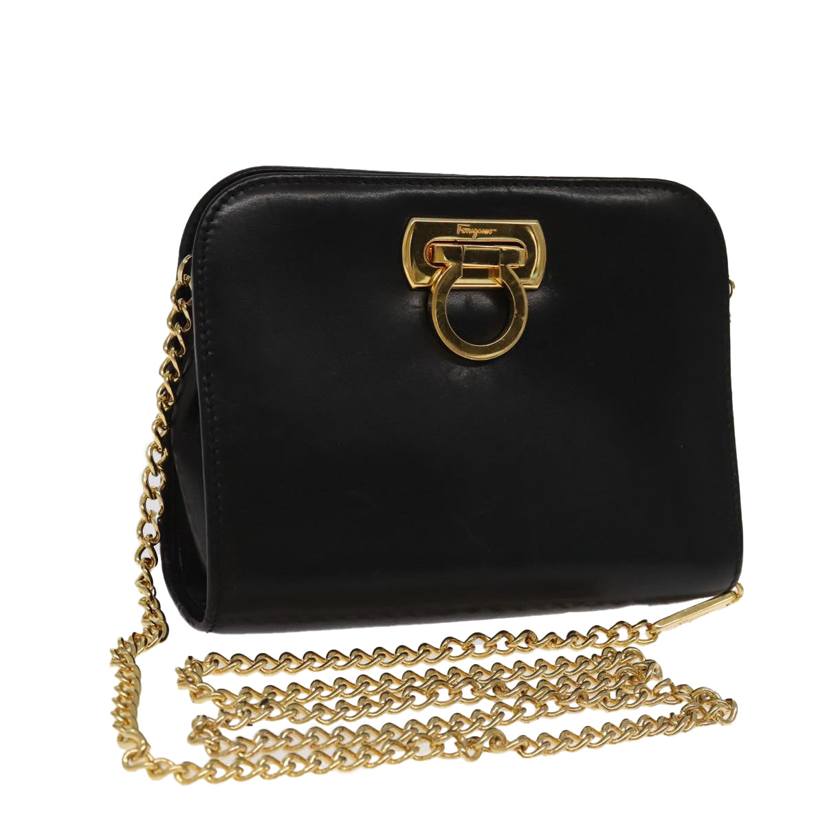 Salvatore Ferragamo Gancini Chain Shoulder Bag Leather Black Gold Auth fm4054